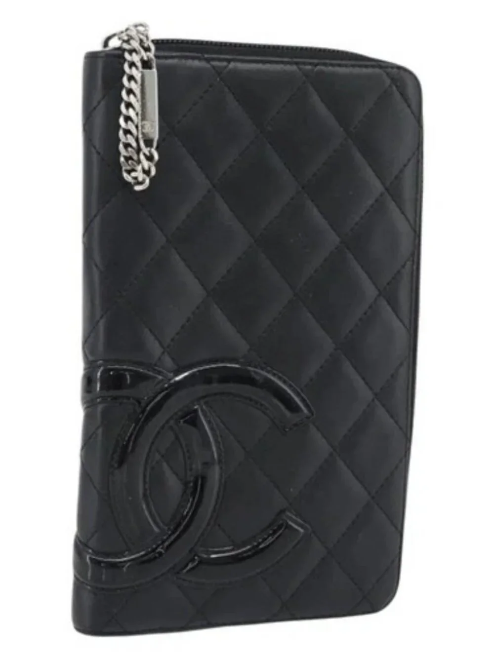 CHANEL Matelasse Cambon Line Long Wallet Leather Black Silver CC Auth 181675V
